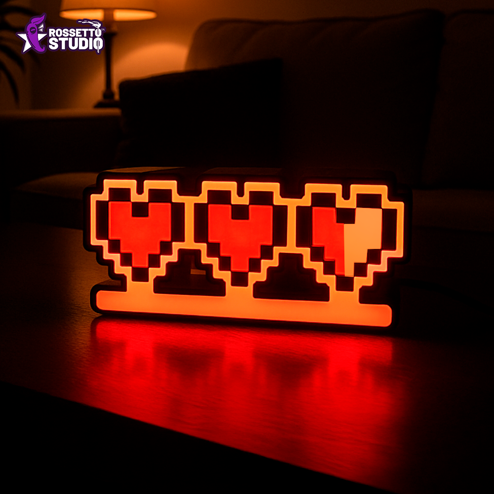 Luminária Corações Pixelados – LED 17cm com Fonte 12V, Decoração Gamer Geek