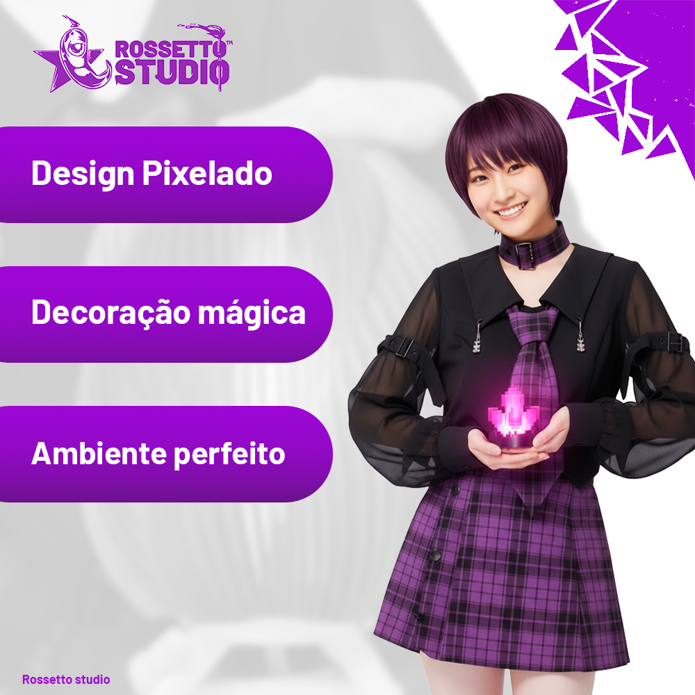 Luminária Cristal Pixel 3D • Luz LED Rosa com Fonte 12V Inclusa • Decoração Gamer e Moderna