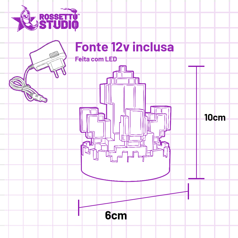 Luminária Cristal Pixel 3D • Luz LED Rosa com Fonte 12V Inclusa • Decoração Gamer e Moderna