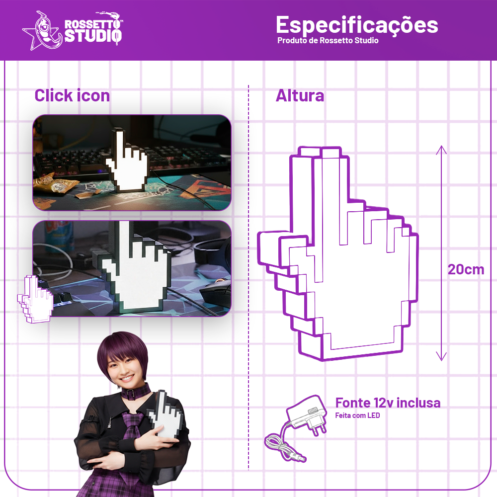 Lightbox Mão Pixel Click – Iluminação Gamer 20cm com Fonte 12V Inclusa