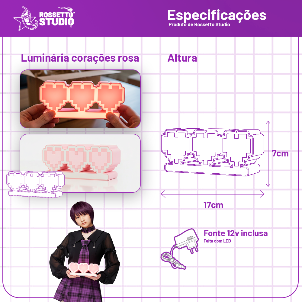 Light Box Corações Rosa 12V – Luminária Decorativa Pixel Heart