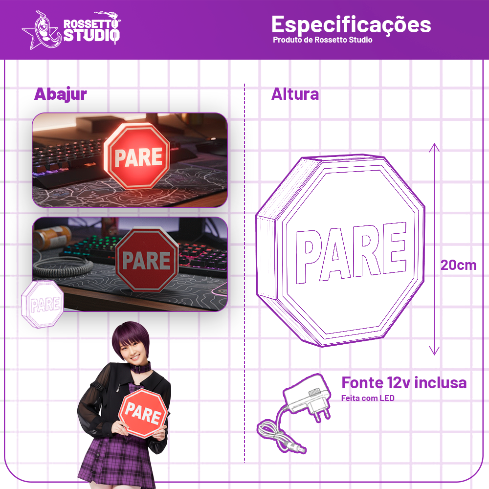 Lightbox “PARE” – Design Retrô Iluminado 3D em Formato de Placa de Trânsito