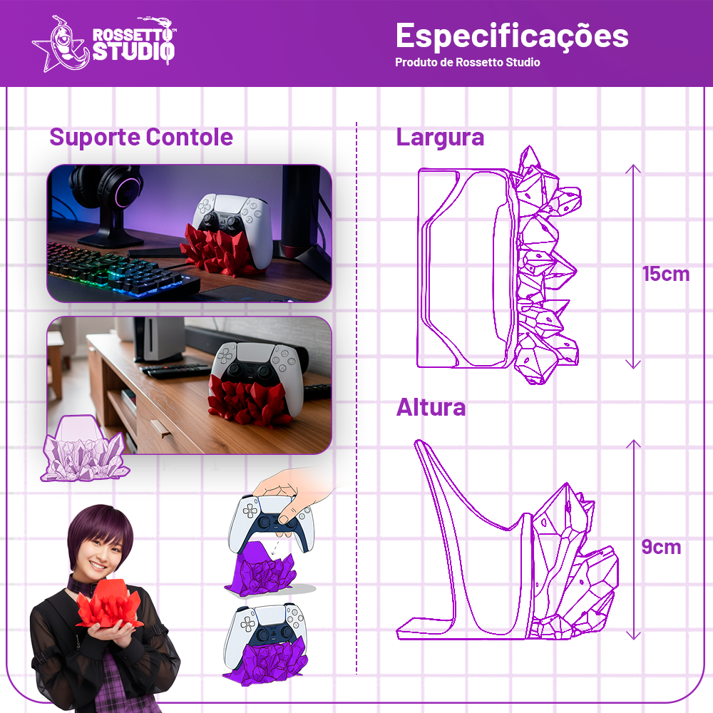 Suporte de Controle com Cristais Vermelhos 3D • Base Gamer Decorativa • 15x9cm | Rossetto Studio
