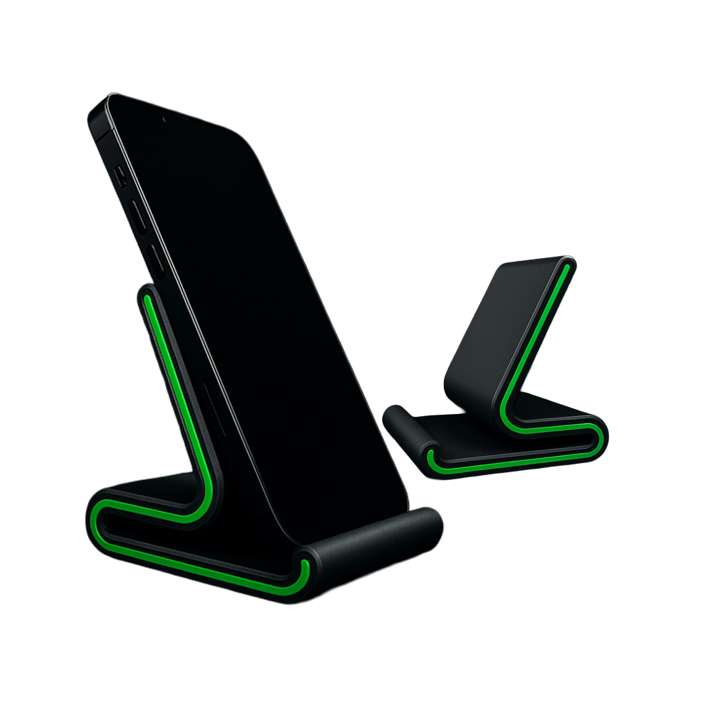 Suporte para Celular Preto com Detalhe Verde Neon | Design Moderno e Compacto