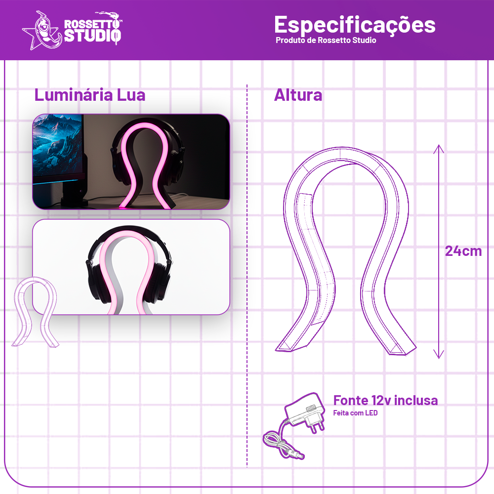 Suporte de Headset RGB “Spectra Wave” – 24cm | Controle + Iluminação Premium | Rossetto Studio